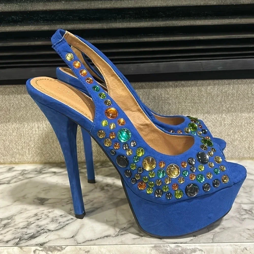 Liliana Women’s Phoebe 2 Heels Rhinestone Peep Toe Platform Slingback‎ Pumps NIB